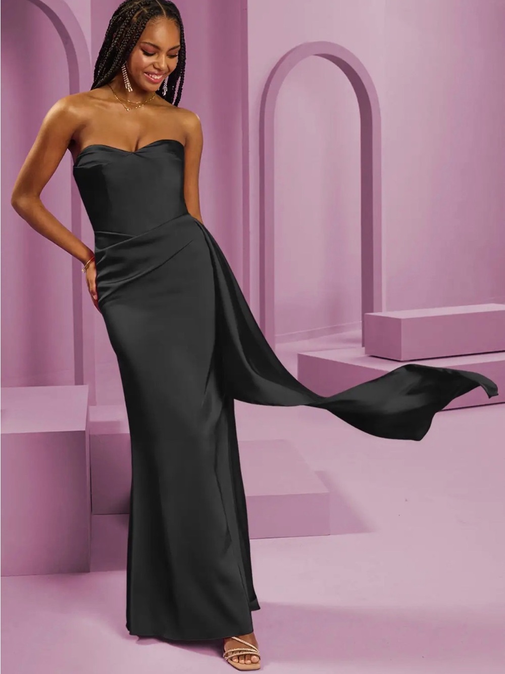 Azazie Black Strapless Satin Gown with Side Sash